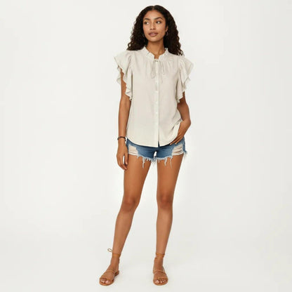 Anna-Kaci Women's Ruffle Flutter Sleeve Button Down Blouse with Tie Neck