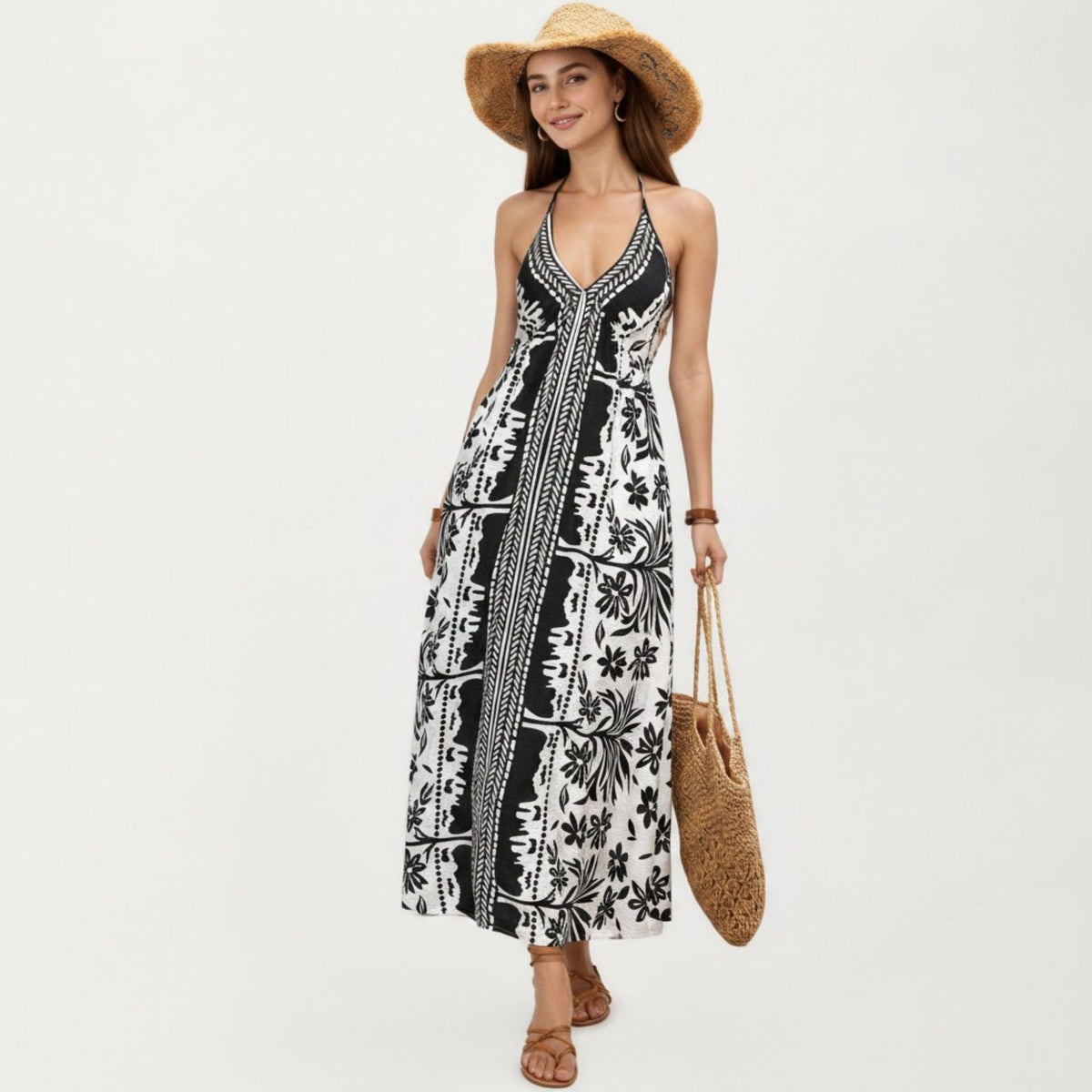 Anna-Kaci Women's Halter Neck Maxi Dress with Open Back Tie Design Flowy Printed Long Dress
