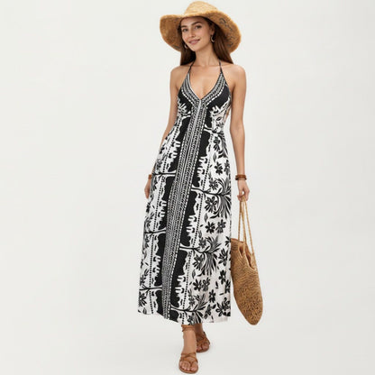 Anna-Kaci Women's Halter Neck Maxi Dress with Open Back Tie Design Flowy Printed Long Dress