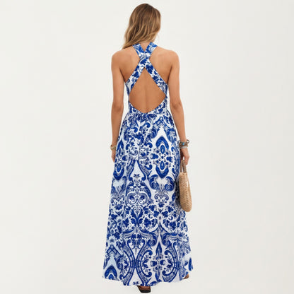 Anna-Kaci Women's Mediterranean Tile Print Halter Maxi Dress with Criss-Cross Back