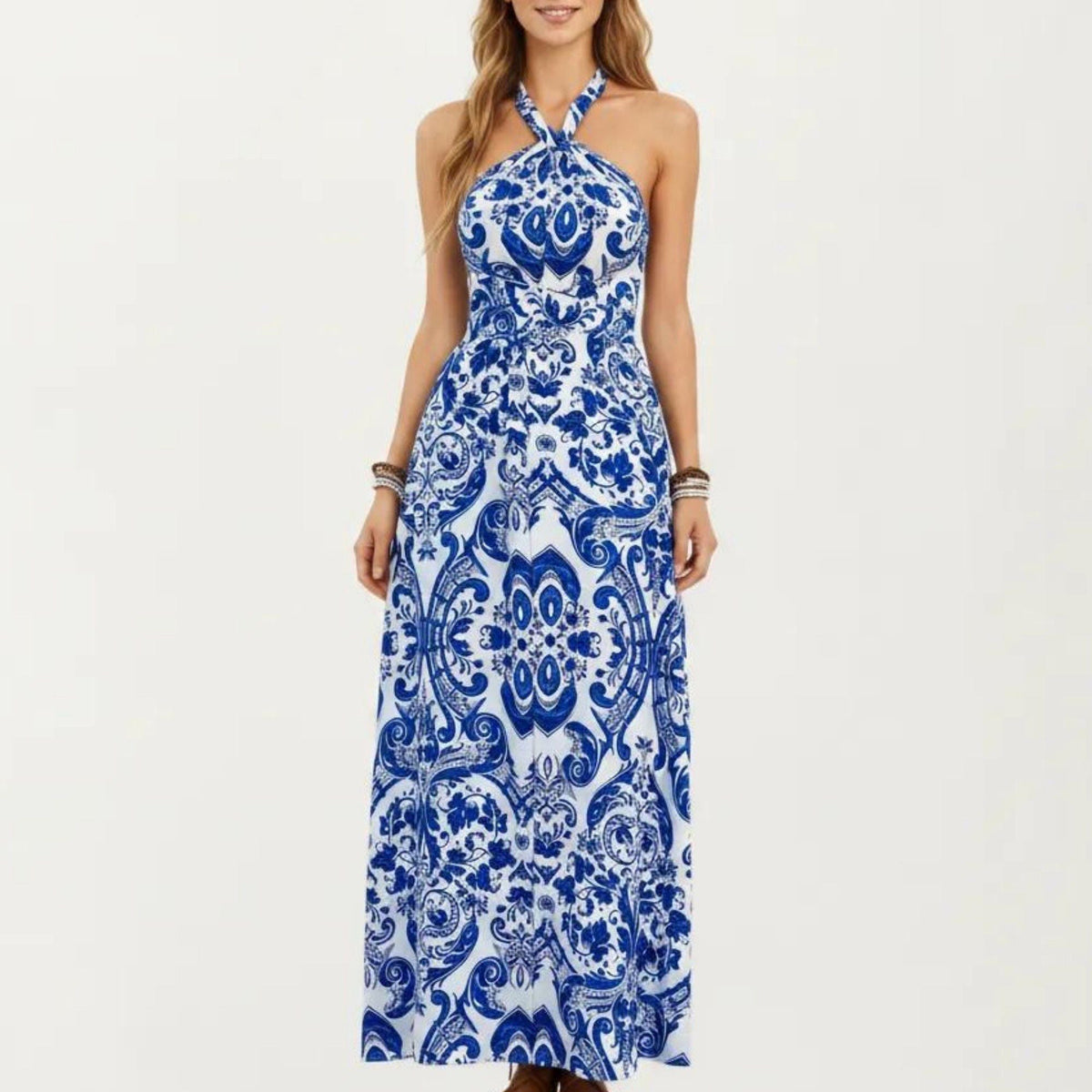 Anna-Kaci Women's Mediterranean Tile Print Halter Maxi Dress with Criss-Cross Back