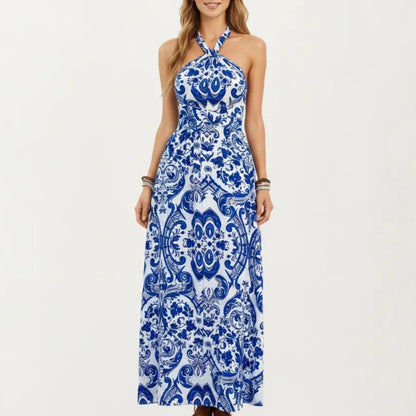 Anna-Kaci Women's Mediterranean Tile Print Halter Maxi Dress with Criss-Cross Back