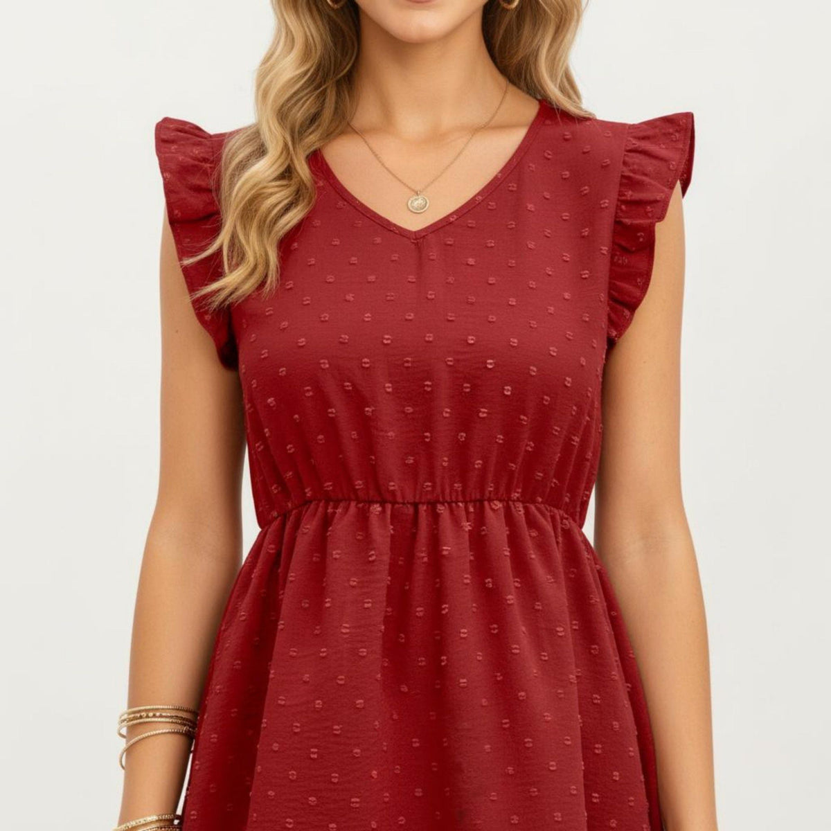 Anna-Kaci Women's Swiss Dot Babydoll Dress with Ruffle Sleeves and V-Neckline