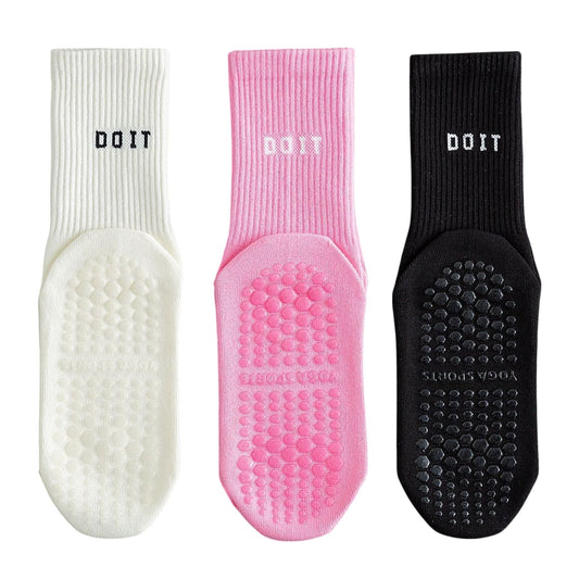 Anna-Kaci 3 Pair Combo Sale Anti Slip Crew Socks with Grip Soles and Ribbed Cuffs in Multiple Color Options