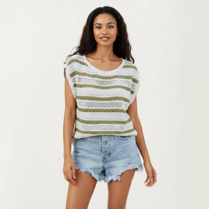 Anna-Kaci Women's Short Sleeve Striped Open Knit Top with Button Shoulder Detail and Relaxed Fit