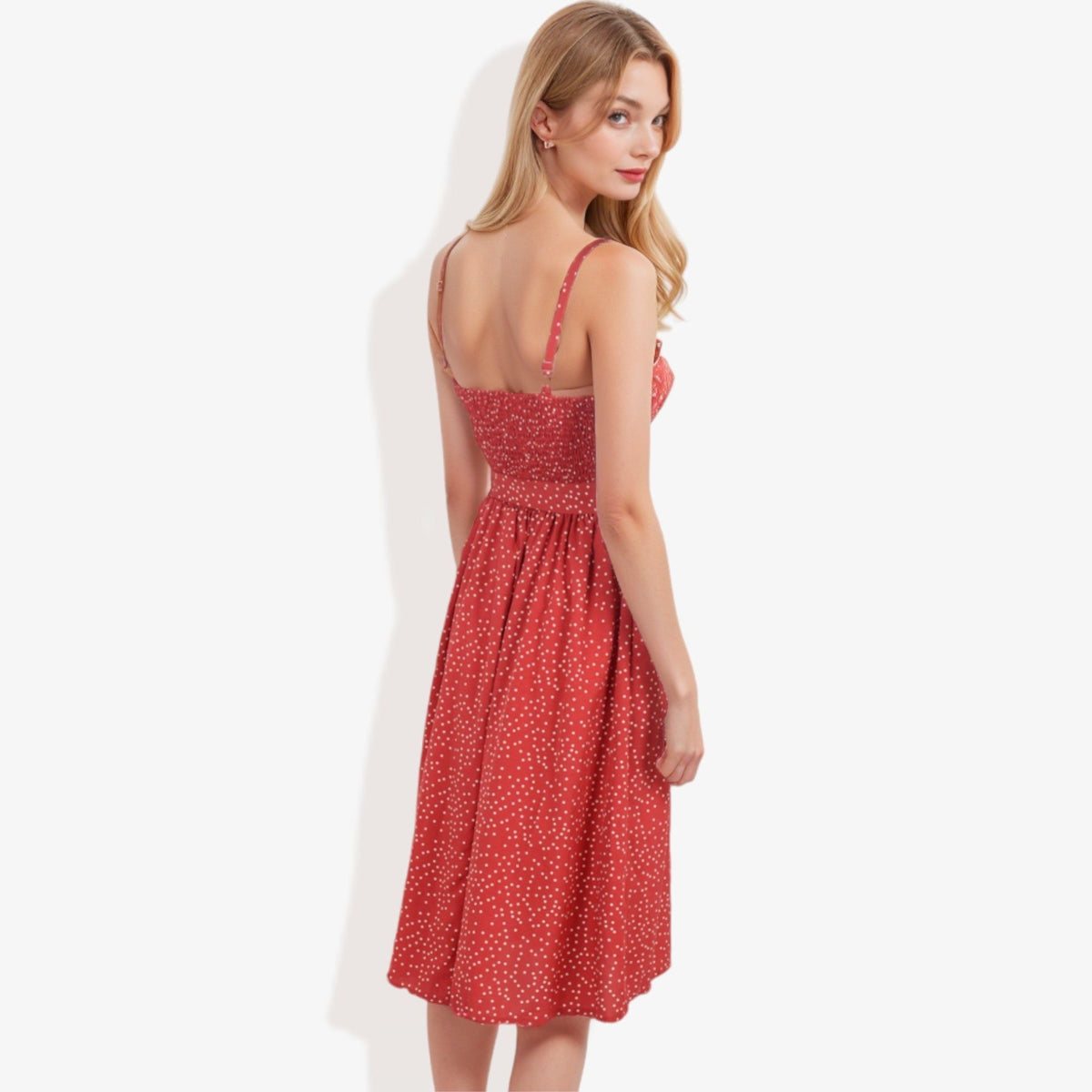 Anna-Kaci Women's Polka Dot Smocked Bodice  Dress with Button Front and Waist Tie