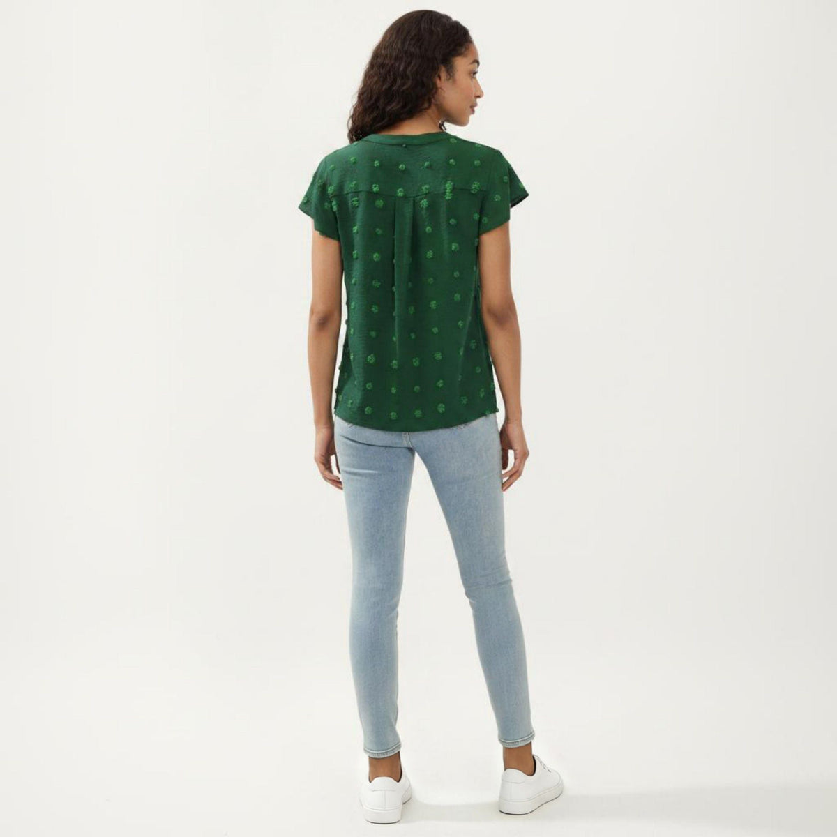 Anna-Kaci Women's Short Sleeve Swiss Dot Top with Split Neckline and Soft Textured Fabric