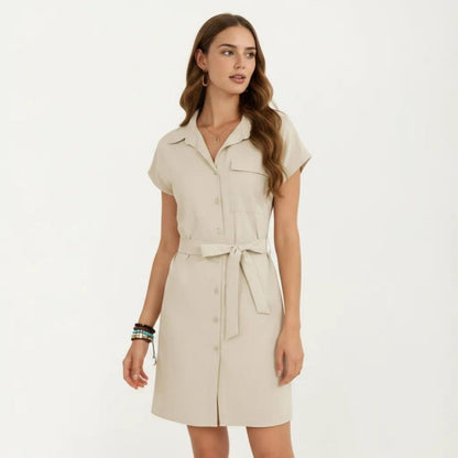 Anna-Kaci Women's Short Sleeve Button Front Shirt Dress with Collared Neckline and Adjustable Waist Tie