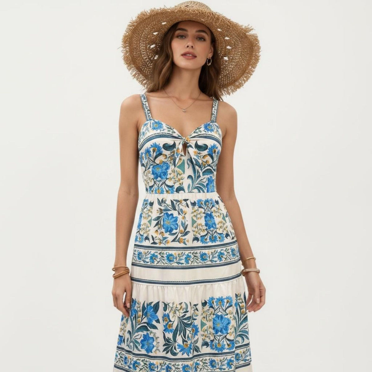 Anna-Kaci Women's Sleeveless Maxi Dress with Adjustable Straps Tiered Skirt Printed Design Flowy Fit
