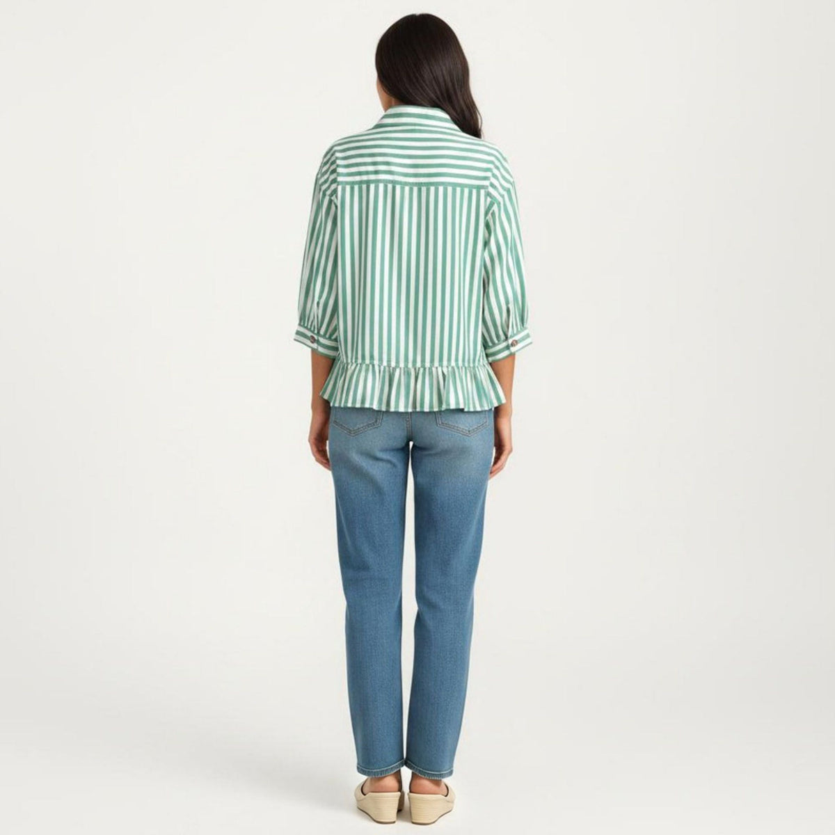 Anna-Kaci Women's Striped Button Down Blouse with Collar Three Quarter Sleeve Peplum Hem Pocket Detail Casual Shirt
