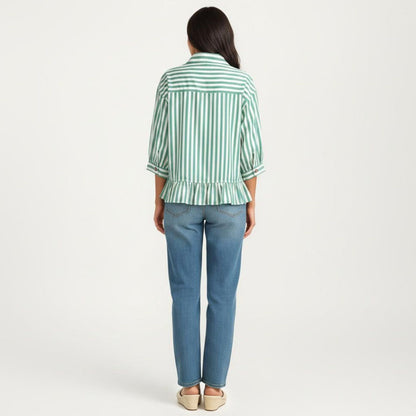 Anna-Kaci Women's Striped Button Down Blouse with Collar Three Quarter Sleeve Peplum Hem Pocket Detail Casual Shirt
