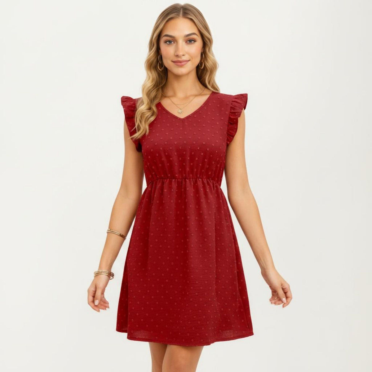 Anna-Kaci Women's Swiss Dot Babydoll Dress with Ruffle Sleeves and V-Neckline