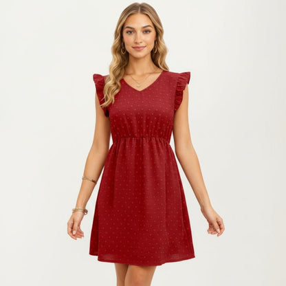Anna-Kaci Women's Swiss Dot Babydoll Dress with Ruffle Sleeves and V-Neckline