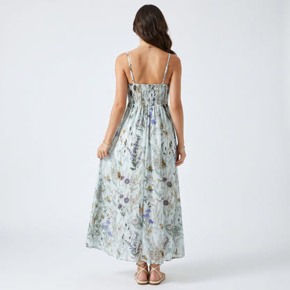 Anna-Kaci Women's Floral Print Tie Front Maxi Dress with Spaghetti Straps and Flowy Skirt