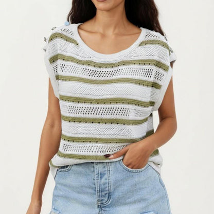 Anna-Kaci Women's Short Sleeve Striped Open Knit Top with Button Shoulder Detail and Relaxed Fit