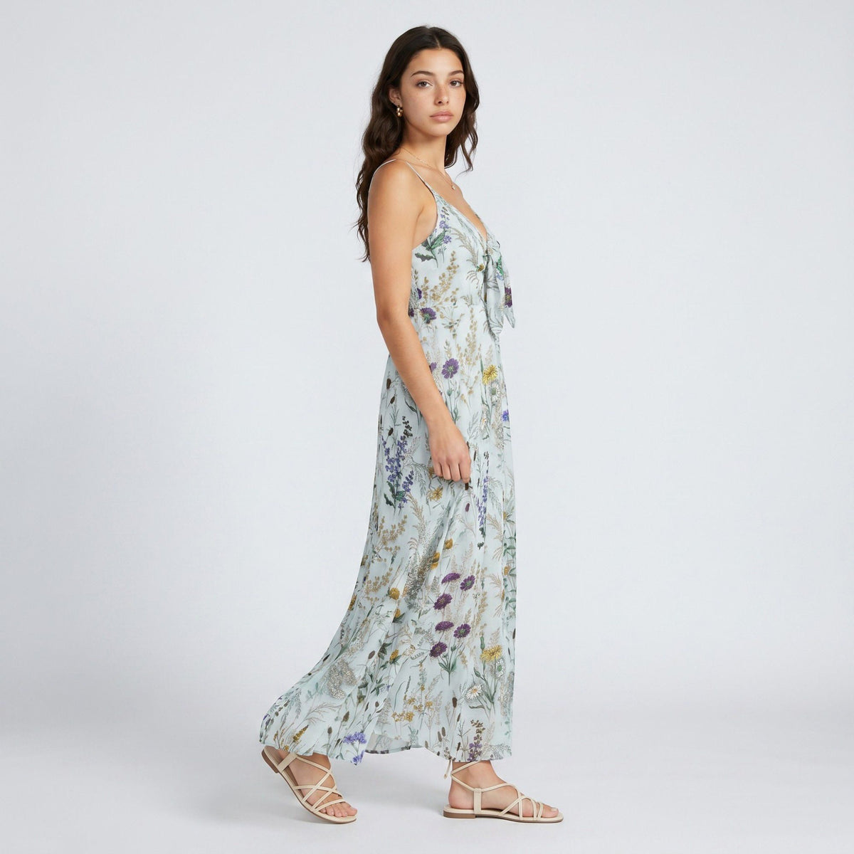 Anna-Kaci Women's Floral Print Tie Front Maxi Dress with Spaghetti Straps and Flowy Skirt