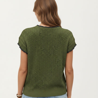 Anna-Kaci Women's Short Sleeve Knit Cardigan Top with V-Neck Tie Front and Contrast Trim
