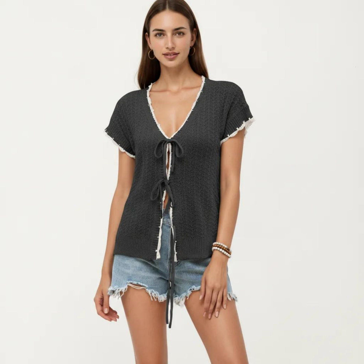 Anna-Kaci Women's Short Sleeve Knit Cardigan Top with V-Neck Tie Front and Contrast Trim