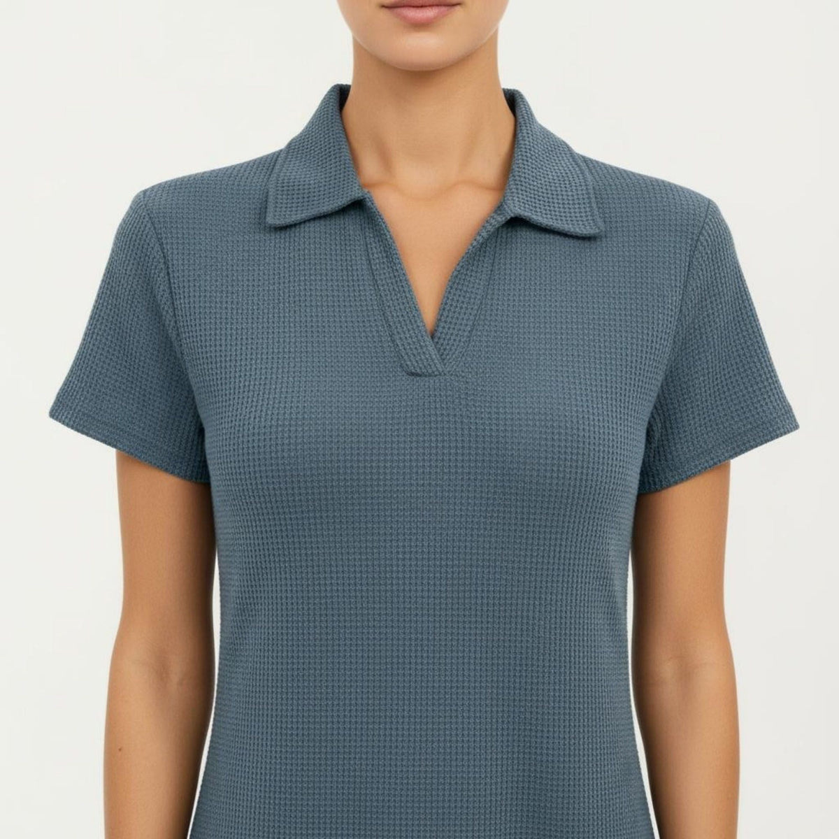 Anna-Kaci Women's Short Sleeve Collared Mini Dress with Split V Neck Textured Knit Relaxed Fit Casual Dress