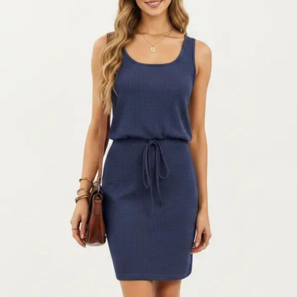 Anna-Kaci Women's Sleeveless Tank Dress with Scoop Neck Adjustable Drawstring Waist Fitted Casual Mini Dress