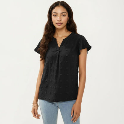 Anna-Kaci Women's Short Sleeve Swiss Dot Top with Split Neckline and Soft Textured Fabric