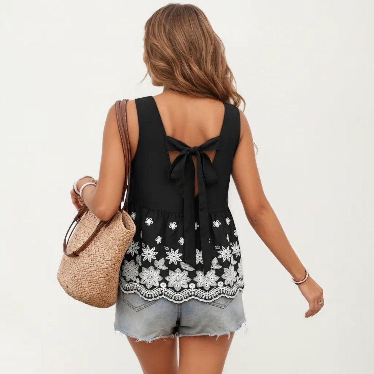 Anna-Kaci Women's Embroidered Floral Peplum Tank Top with Back Tie