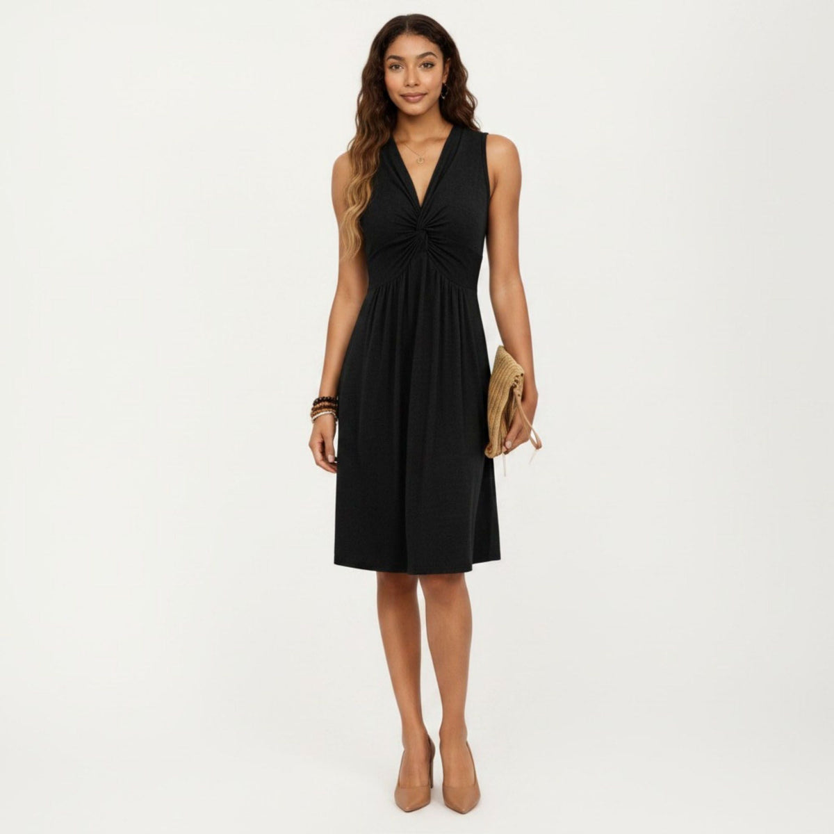 Anna-Kaci Women's Sleeveless V Neck Midi Dress with Front Twist Detail and Flowy A Line Silhouette