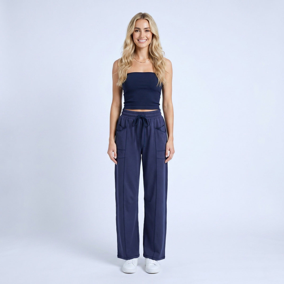 Anna-Kaci Women's High Rise Drawstring Wide Leg Utility Pants with Patch Pockets