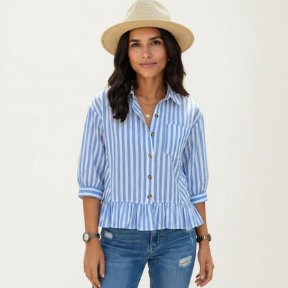Anna-Kaci Women's Striped Button Down Blouse with Collar Three Quarter Sleeve Peplum Hem Pocket Detail Casual Shirt