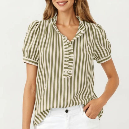Anna-Kaci Women's Short Sleeve Striped Blouse with Ruffle Trim V Neck Puff Sleeve Lightweight Pullover Shirt