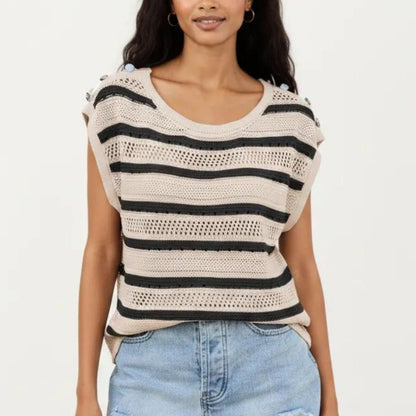Anna-Kaci Women's Short Sleeve Striped Open Knit Top with Button Shoulder Detail and Relaxed Fit
