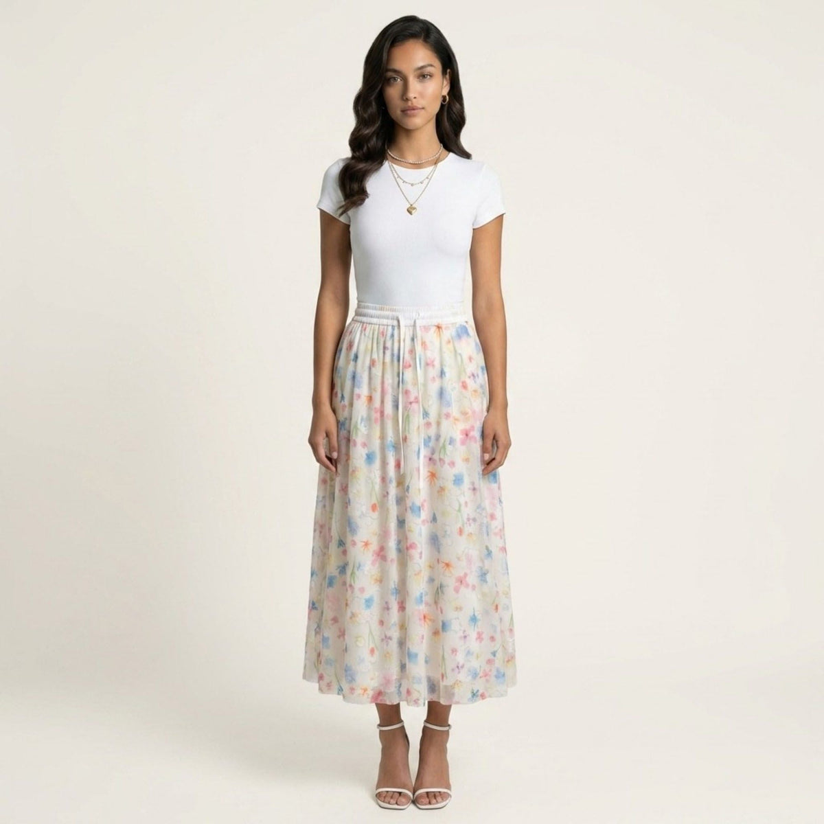 Anna-Kaci Women's Floral Midi Skirt Elastic Waist Flowy Lightweight Chiffon A Line Casual Skirt