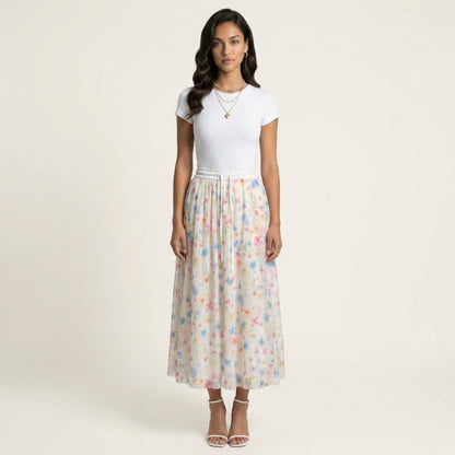 Anna-Kaci Women's Floral Midi Skirt Elastic Waist Flowy Lightweight Chiffon A Line Casual Skirt