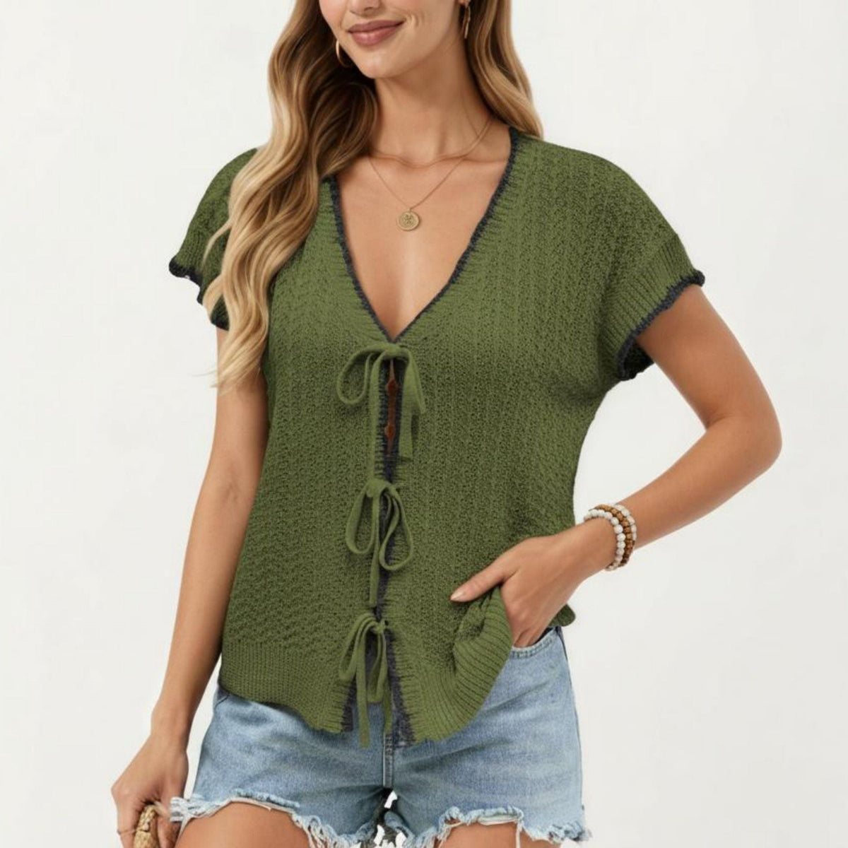 Anna-Kaci Women's Short Sleeve Knit Cardigan Top with V-Neck Tie Front and Contrast Trim