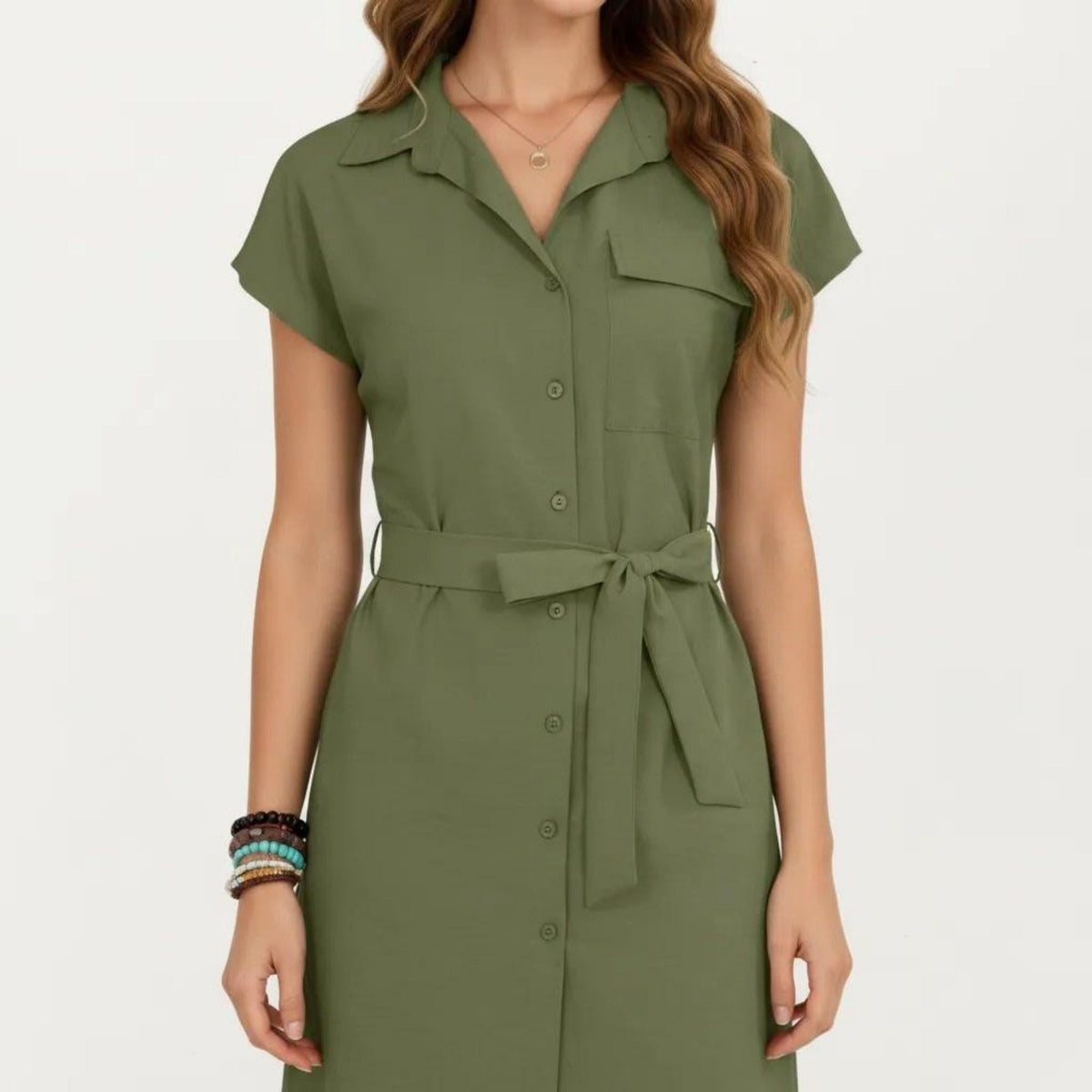 Anna-Kaci Women's Short Sleeve Button Front Shirt Dress with Collared Neckline and Adjustable Waist Tie