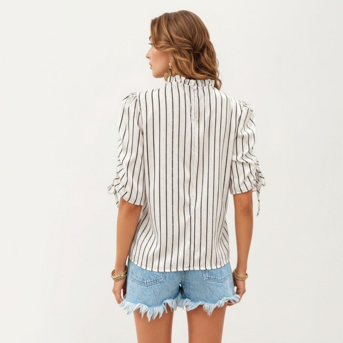 Anna-Kaci Women's Striped Short Sleeve Blouse with Ruffle Trim High Neck and Ruched Tie Sleeves