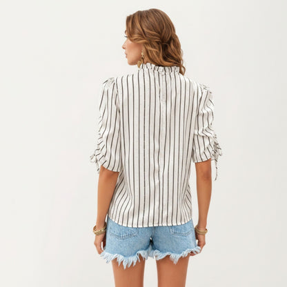 Anna-Kaci Women's Striped Short Sleeve Blouse with Ruffle Trim High Neck and Ruched Tie Sleeves