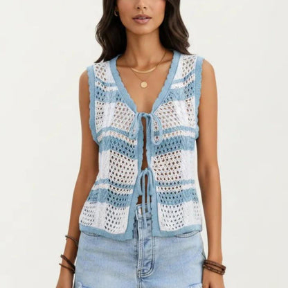 Anna-Kaci Women's Sleeveless Striped Crochet Knit Vest with Tie Front and Open Stitch Design