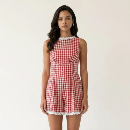 Anna-Kaci Women's Gingham Romper Sleeveless Lace Trim Fit and Flare Lightweight Casual One Piece