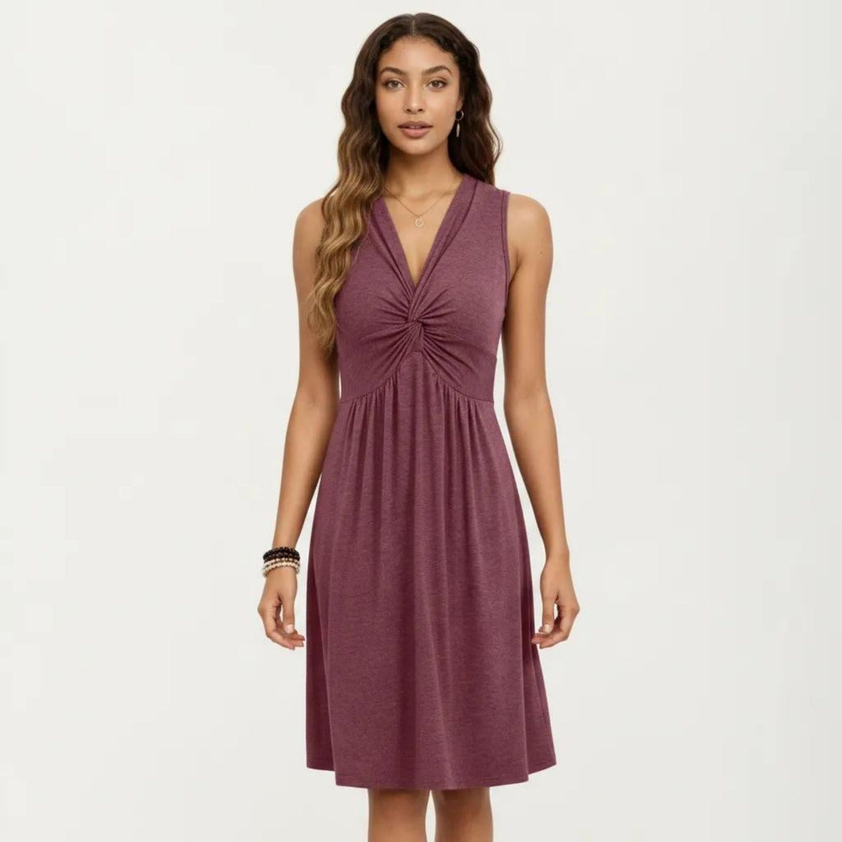 Anna-Kaci Women's Sleeveless V Neck Midi Dress with Front Twist Detail and Flowy A Line Silhouette