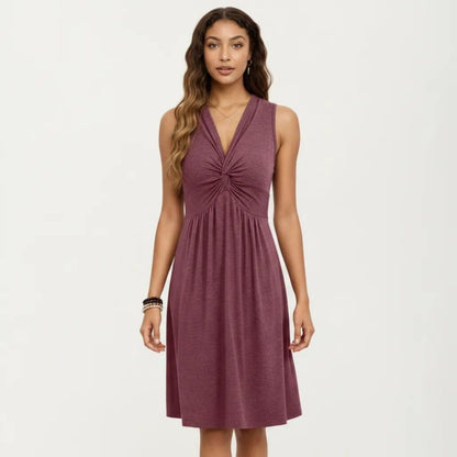 Anna-Kaci Women's Sleeveless V Neck Midi Dress with Front Twist Detail and Flowy A Line Silhouette