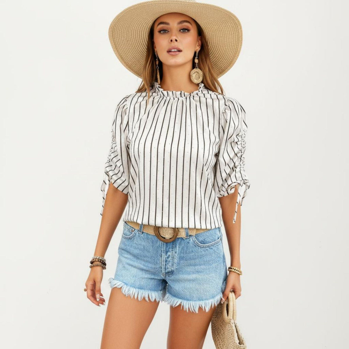 Anna-Kaci Women's Striped Short Sleeve Blouse with Ruffle Trim High Neck and Ruched Tie Sleeves