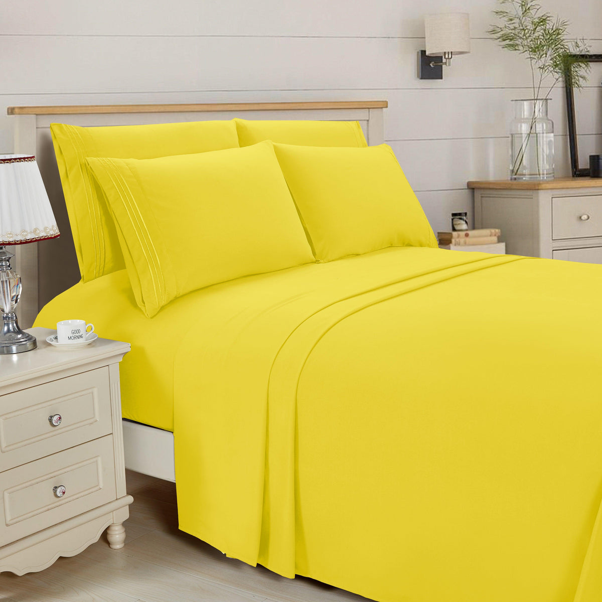 Elegant Comfort Essential 6-Piece 3-Line Embroidery Sheet Set, Soft as a Hotel Premium Quality, Bright Shades
