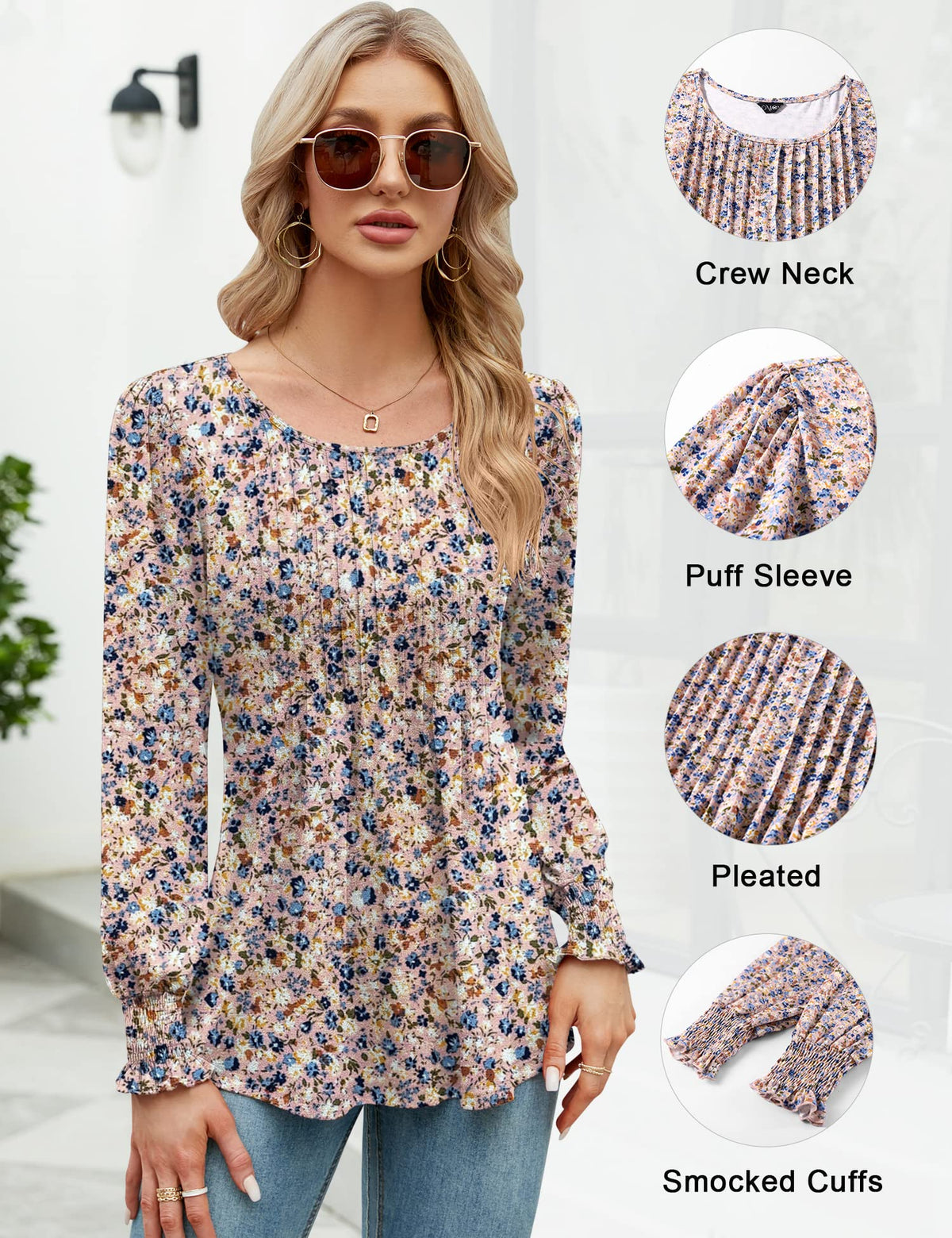 ✨Puff Long Sleeve Pleated Crew Neck Tunic Top