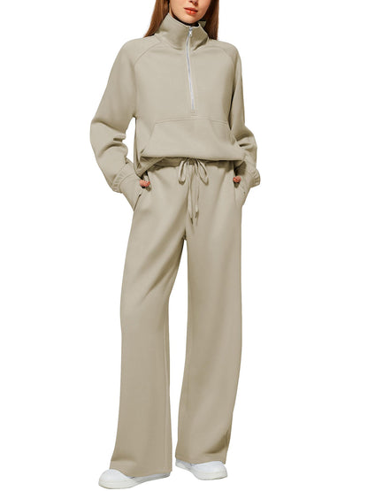 Women's Oversized Half Zip Wide Leg 2 Piece Outfits Lounge Set