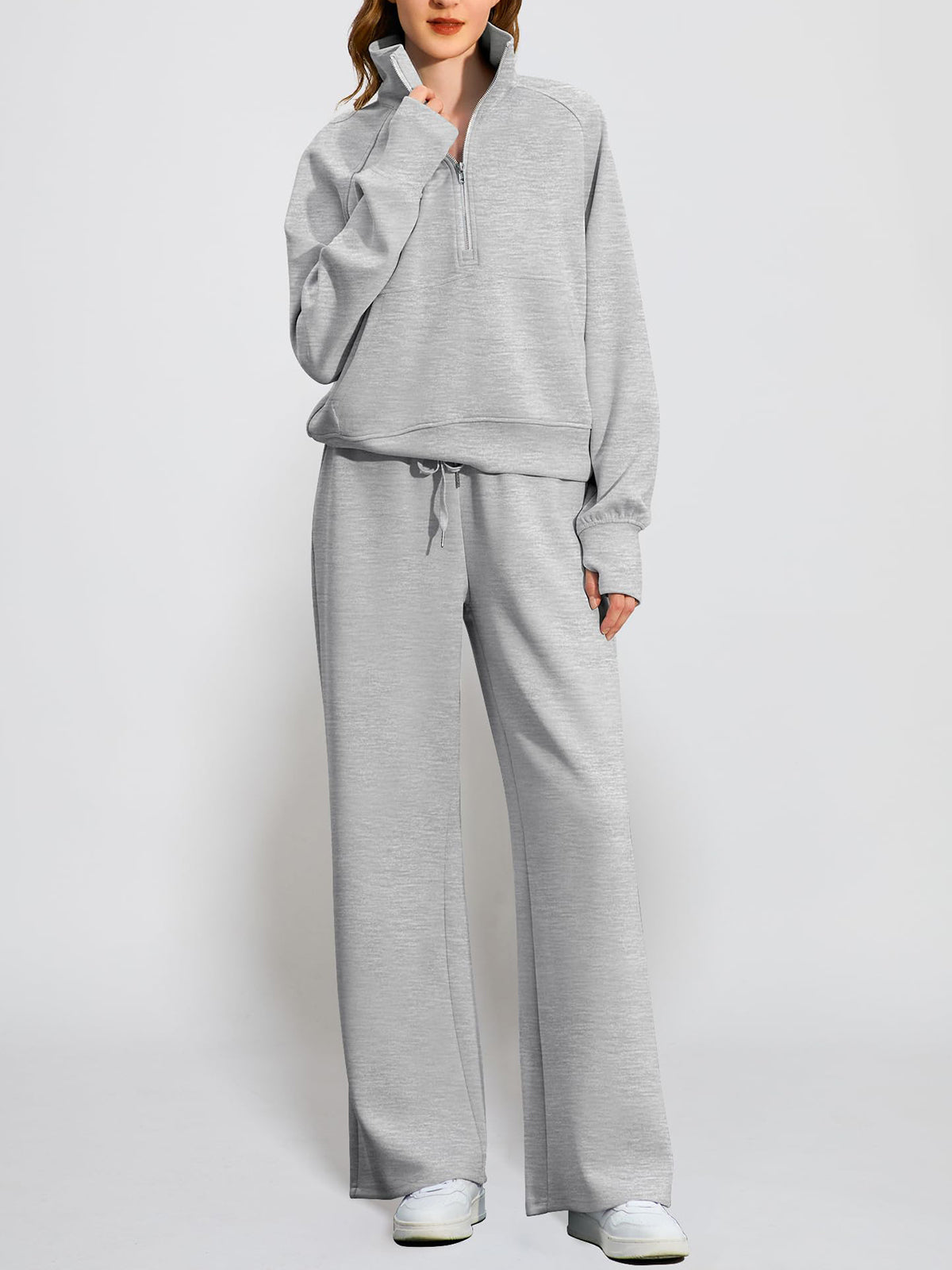 Women's Oversized Half Zip Wide Leg 2 Piece Outfits Lounge Set