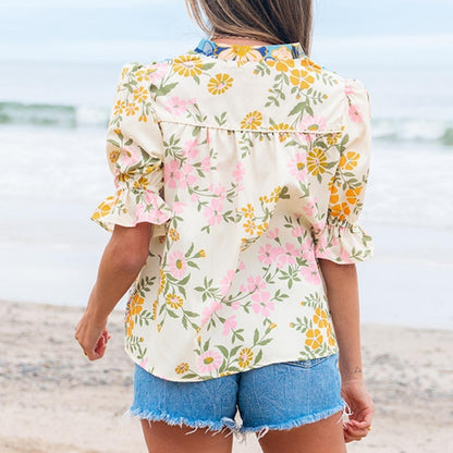Women's Boho Floral V-Neck Puff Sleeve Blouse