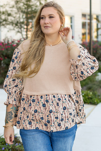 Threaded Pear Beige Faux Two Piece Knit Patchwork Floral Print Plus Size Top