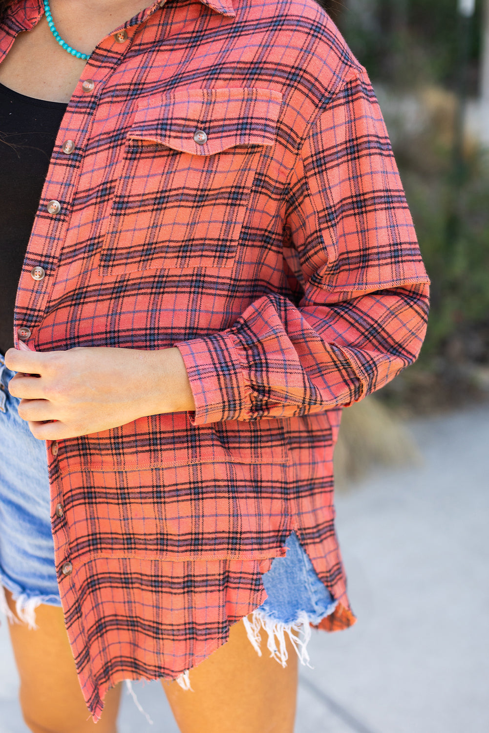 Threaded Pear Plaid Long Sleeve Side Split Distressed Shirt