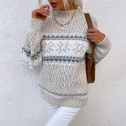 Women’s Winter Snowflake Sweater | Elegant Half-Turtleneck Knitted Pullover | Modern Christmas Snowflake Pattern Top | Trendy Festive Holiday Knitwear for Ladies | 2026 Cozy Soft Winter Fashion Sweater